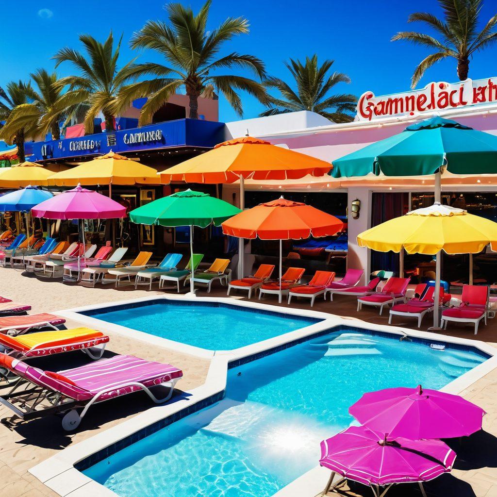 A vibrant beach scene featuring an array of colorful bikinis displayed on mannequins amidst sun umbrellas and beach toys. In the background, a luxurious casino with neon lights and gaming tables, showcasing a mix of glamorous summer fun and thrilling gambling excitement. Sunlight glistens on the water, adding a lively atmosphere. Bright and cheerful, perfect for a summer vibe. super-realistic. vibrant colors. beach setting.