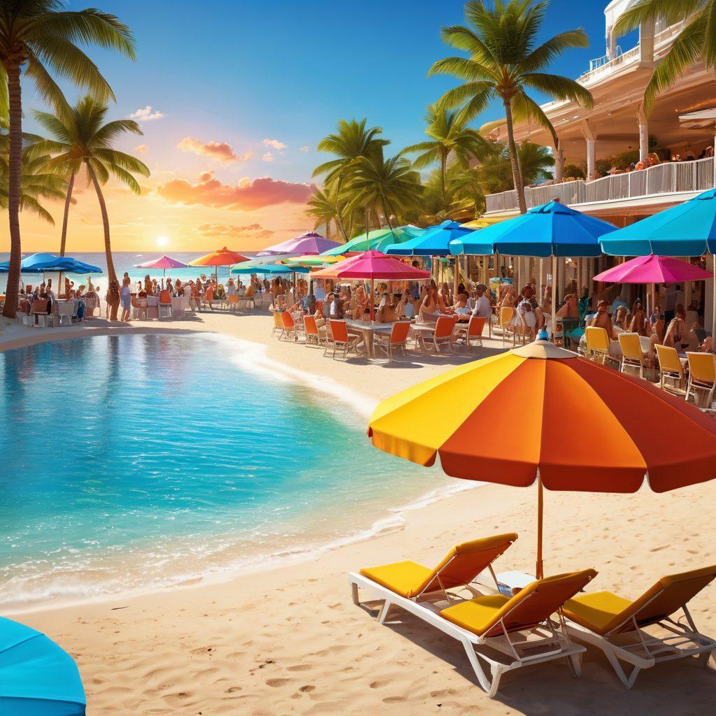 A vibrant summer beach scene featuring sun-kissed shores with colorful beach umbrellas and sunbathers, seamlessly transitioning into a glamorous casino setting filled with bright lights, poker tables, and stylishly dressed people. The sky is blue with a touch of sunset hues, highlighting the blend of relaxation and excitement. The overall atmosphere is lively and inviting, representing both summer fashion and casino entertainment. vibrant colors. super-realistic. 3D.